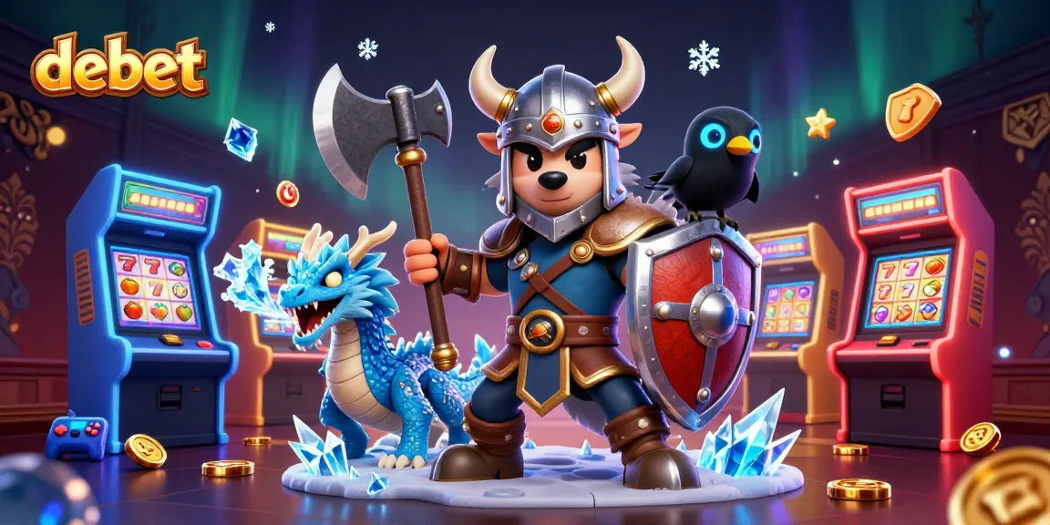Engage with debet through vibrant 3D cartoon warriors and slots in a captivating casino scene.