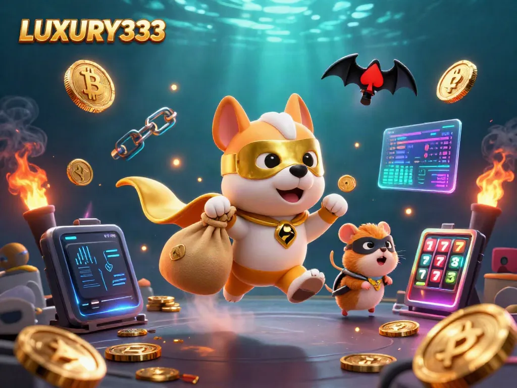 Gambarkan LUXURY333 saat memimpin permainan dengan pahlawan anjing dan hamster dalam aksi menggenggam koin emas.