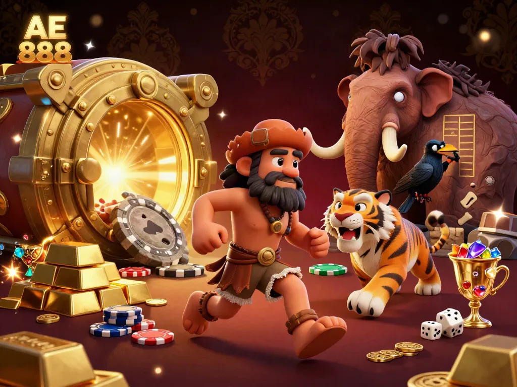 Engage with AE 888 at a dazzling prehistoric casino featuring a caveman and sabertooth tiger surrounded by treasures.