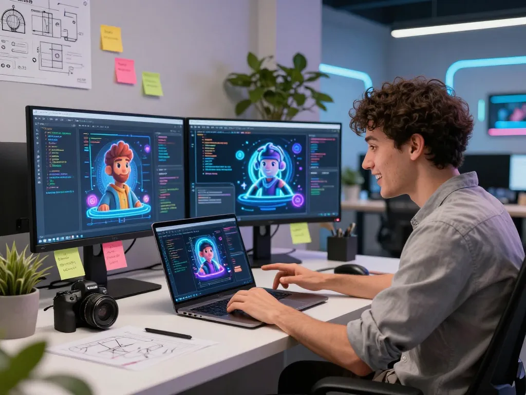 Interactive developer engaging with spicy AI character in a vibrant tech workspace.