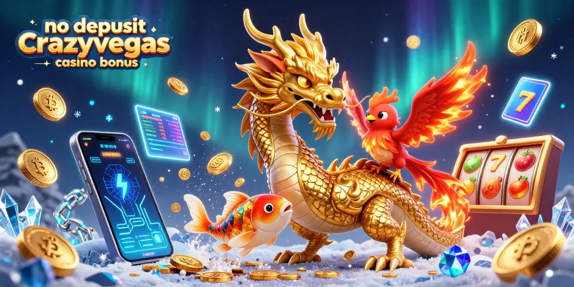 Enjoy the no deposit crazyvegas casino bonus with stunning visuals of a golden dragon and vibrant gaming elements.