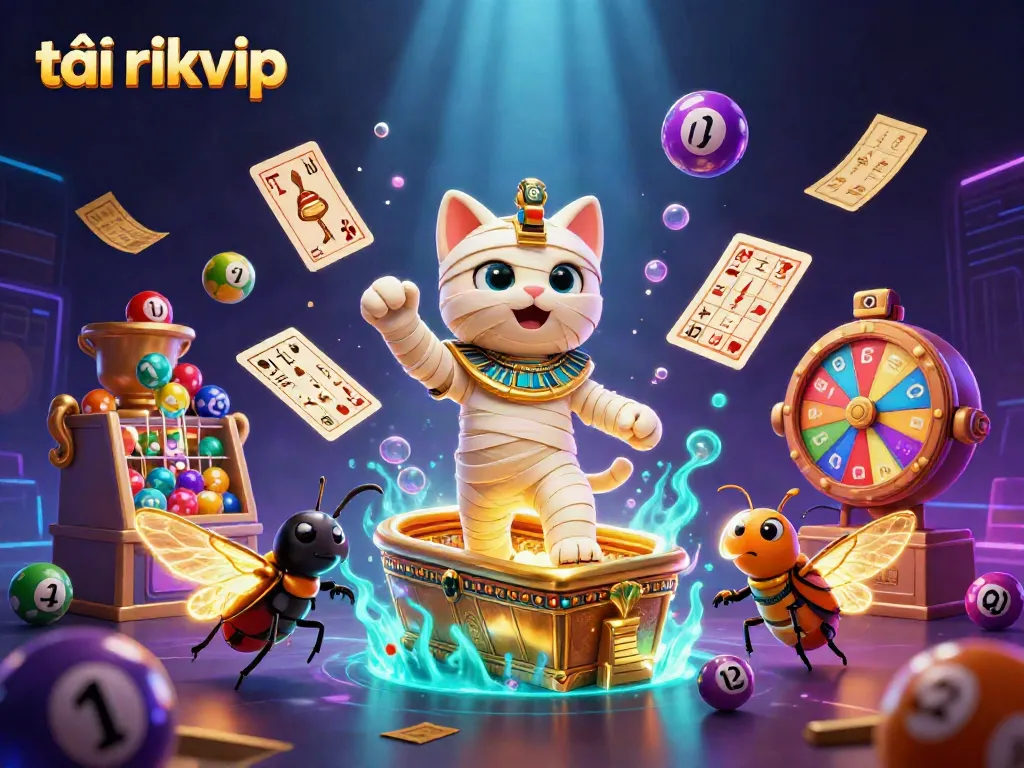 Engage in thrilling gameplay by tải rikvip, featuring a vibrant 3D cartoon scene representing exciting elements of the casino.