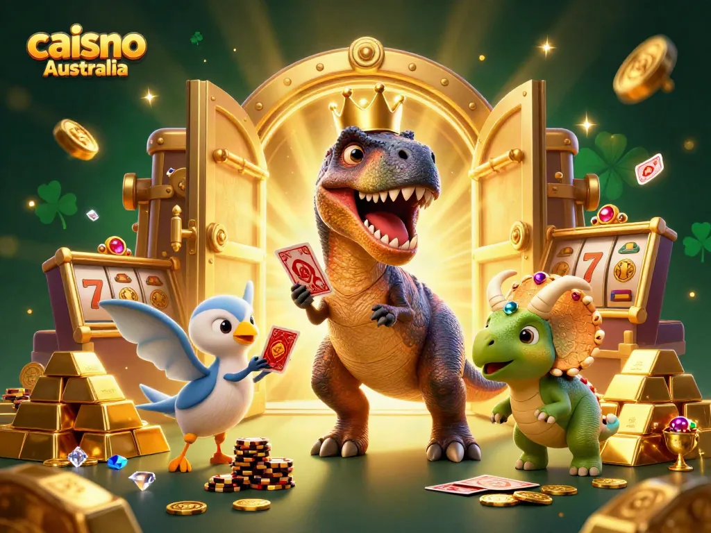 Play exciting real money games with caisno Australia, featuring vibrant characters in a lively casino scene.