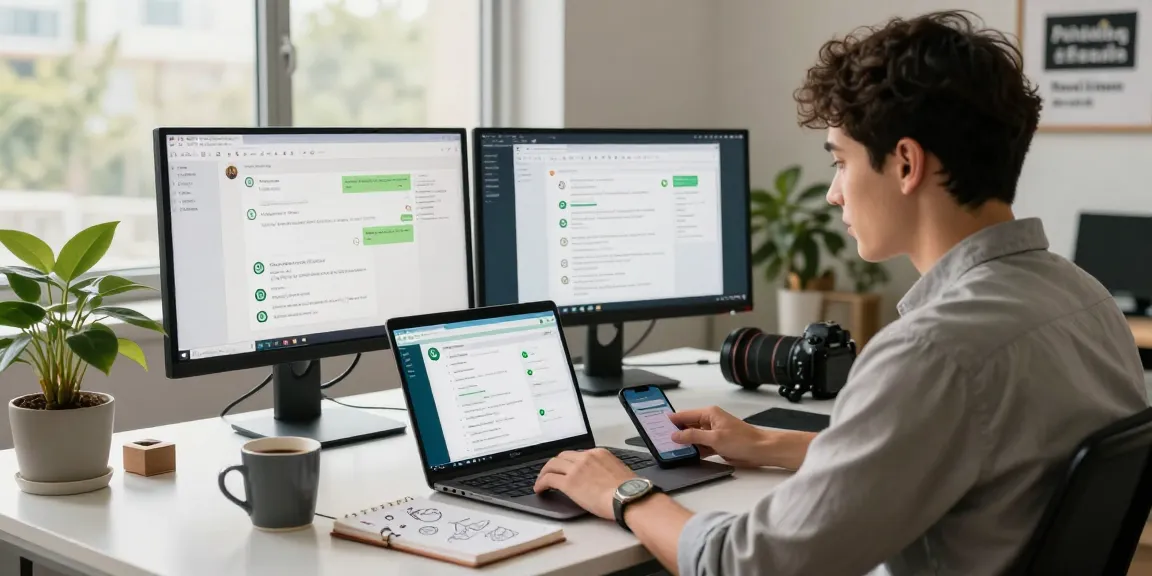 Profession using WhatsApp網頁版 on laptop in a modern office environment.