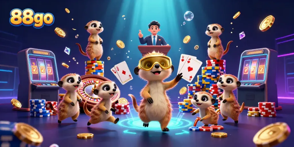 Experience the exciting immersion of 88go with meerkats managing a vibrant casino, bursting with coins and colorful chips.