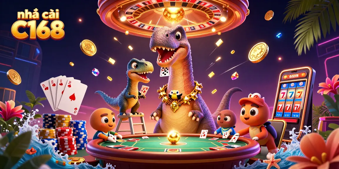 Play games at nhà cái C168 with a vibrant casino scene featuring a giant brontosaurus and dynamic elements.