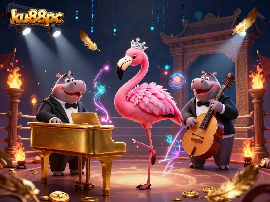 Dive into the excitement with ku88pc as flamingo and hippo musicians entertain in a vibrant casino scene.
