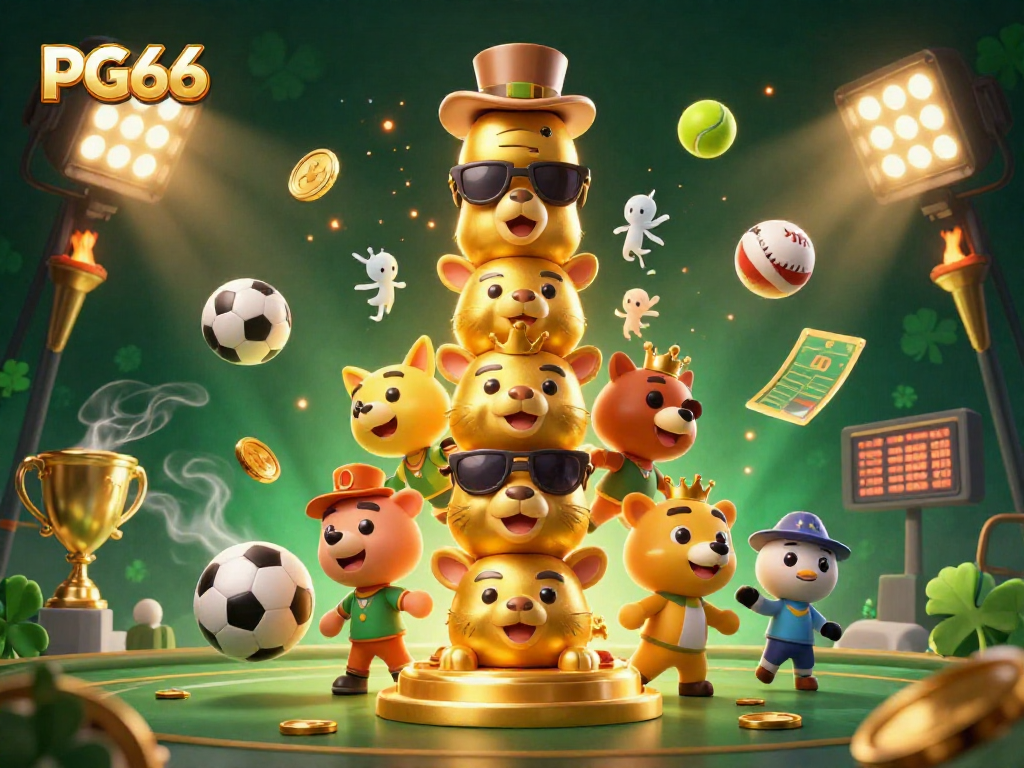 Experience thrilling sports betting with PG66 in a dynamic 3D casino scene, full of exciting game elements.