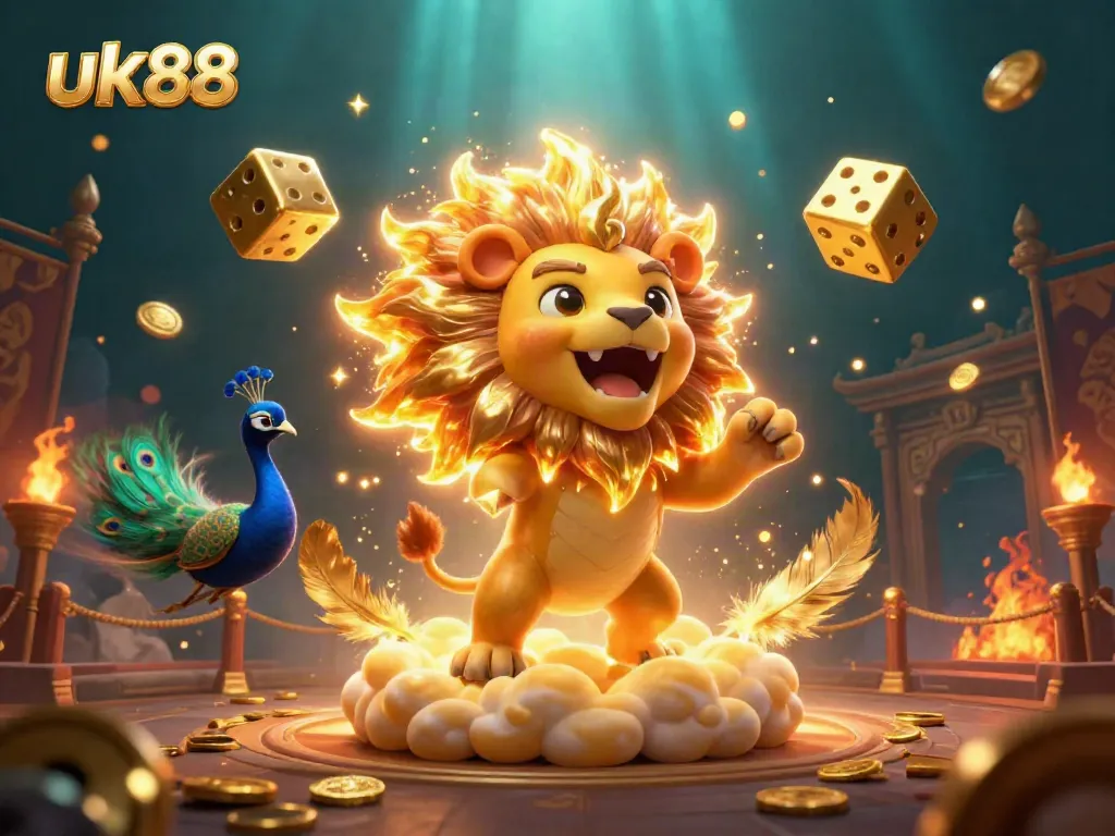 Engage with thrilling uk88 gaming action, featuring a roaring lion and golden dice in a vibrant casino world.