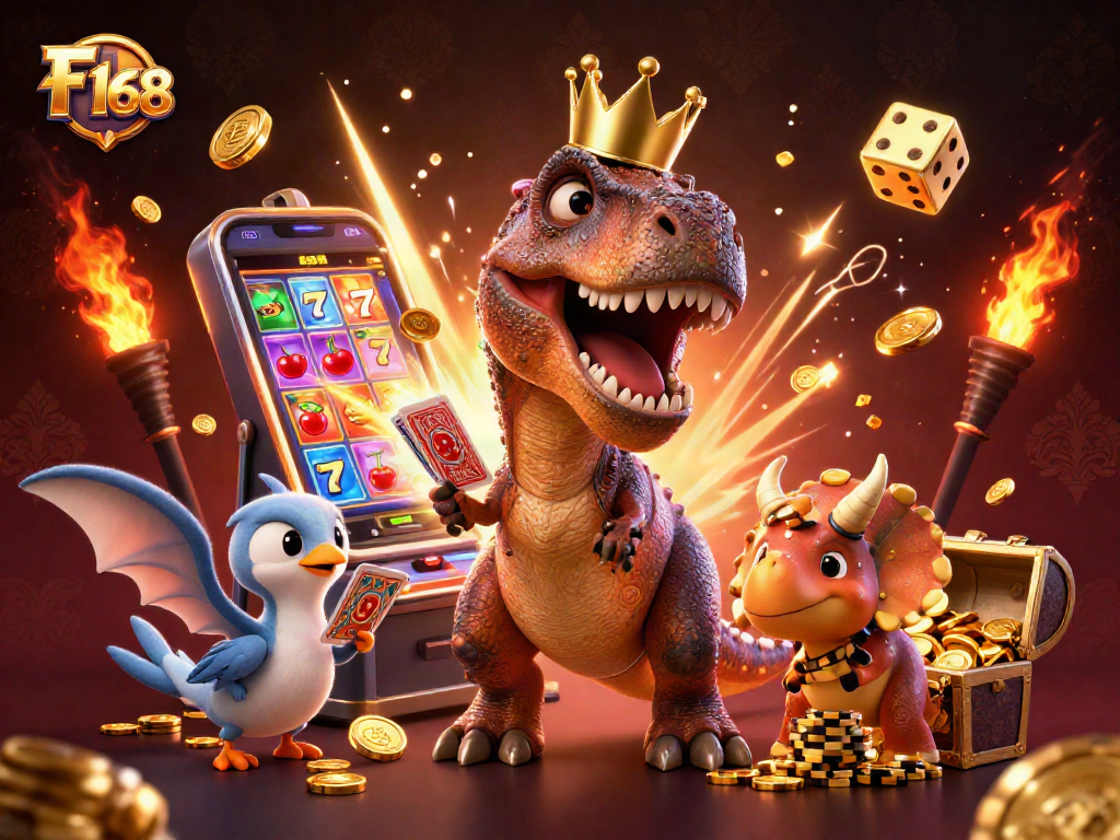 Experience thrilling gameplay at F 168 as dinosaurs shuffle cards and stack chips in a vibrant casino setting.