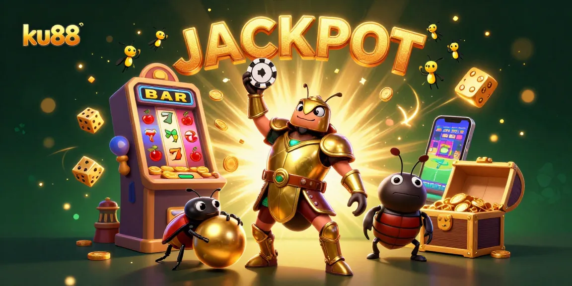 Join the excitement at ku88 as a victorious beetle lifts a poker chip amidst a jackpot explosion!
