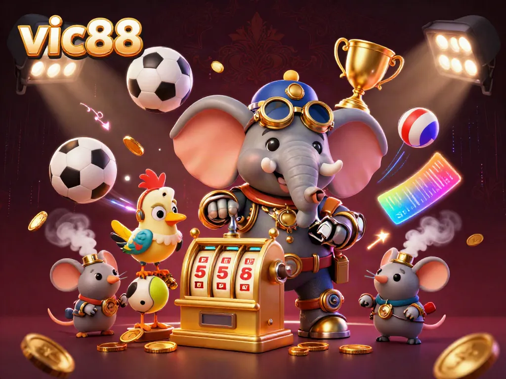 Experience thrilling gameplay with vic88 as a steampunk elephant operates a golden slot machine in an energetic casino scene.