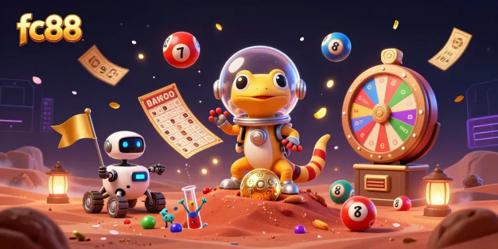 Experience the excitement of fc88 with this vibrant casino scene featuring a Martian gecko discovering a golden opportunity.