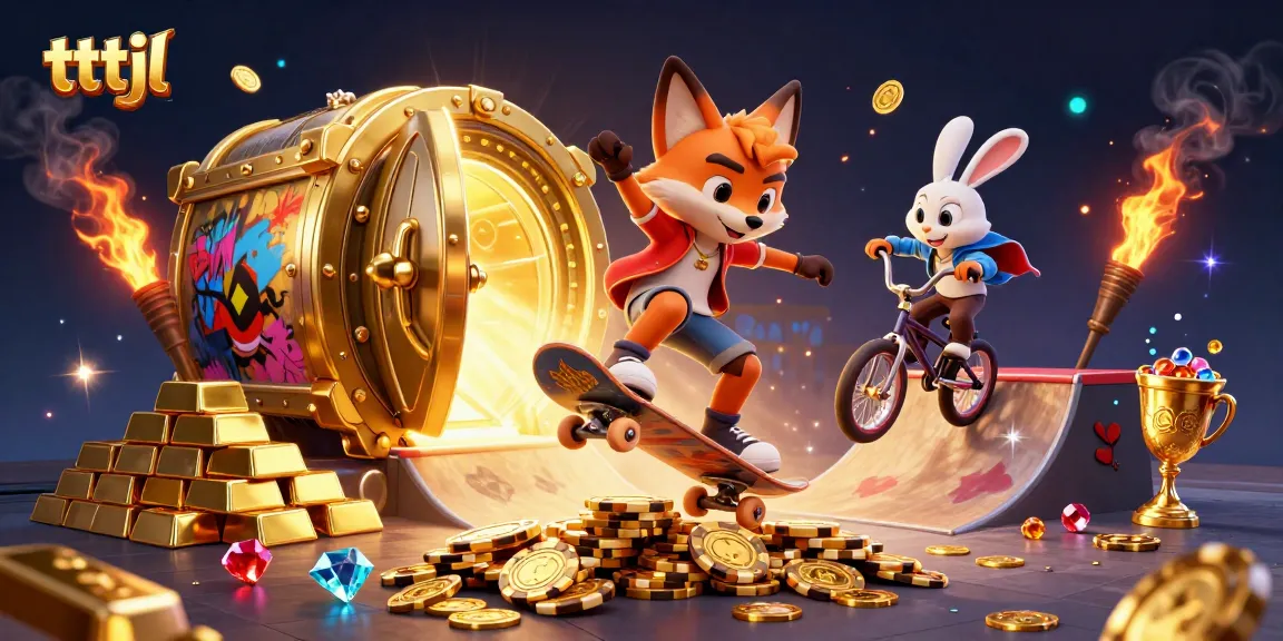 tttjl showcasing a vibrant casino scene with skateboarder and BMX characters navigating gold treasures