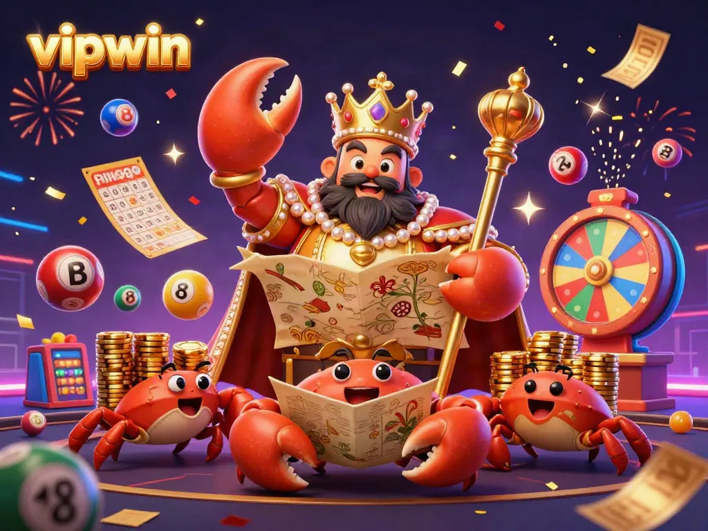Experience the exciting world of vipwin with colorful lottery games and a golden crab emperor.