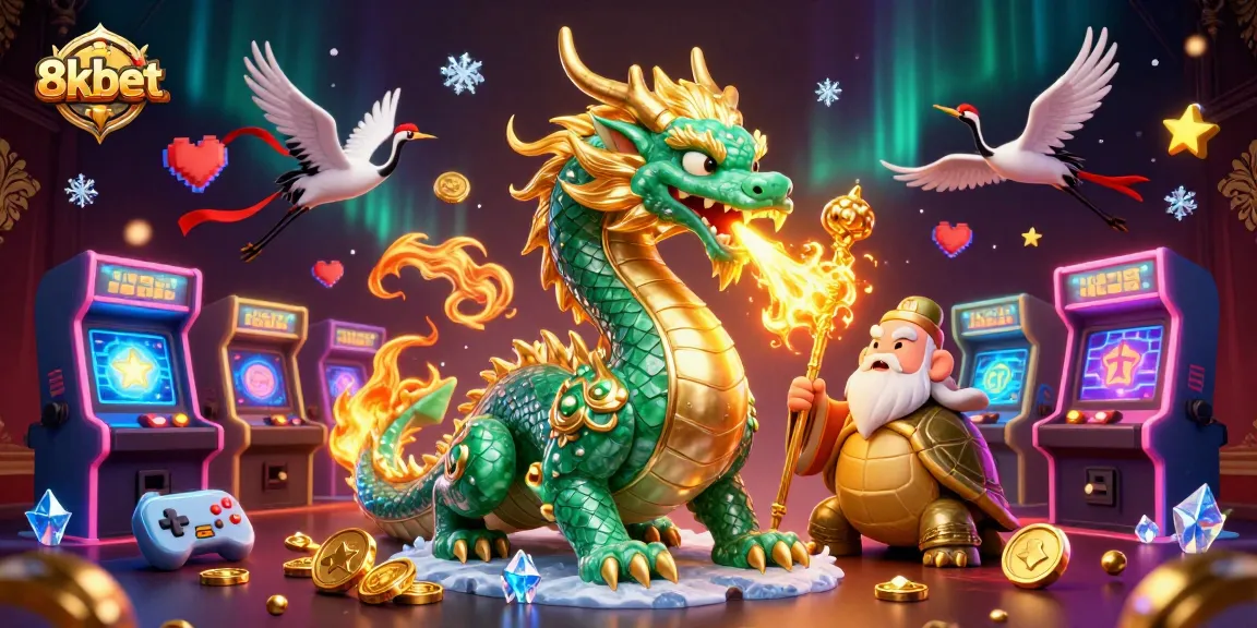 Play and win big at 8kbet with a vibrant scene featuring dragons and cranes, evoking excitement in gaming.