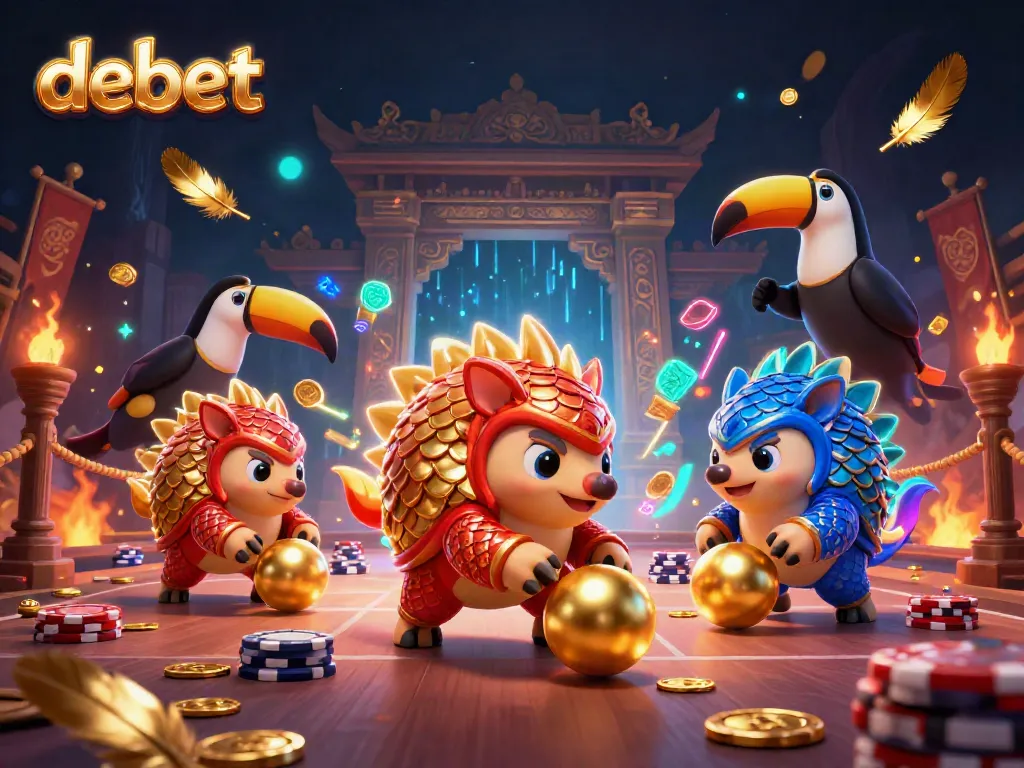 Debet's thrilling gaming atmosphere illustrated with animated pangolins competing in a dynamic casino scene.