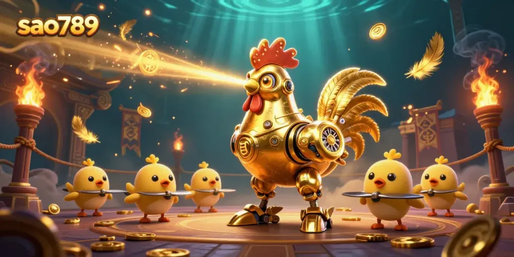 Engage with the sao789 golden rooster robot in a vibrant 3D casino scene filled with dynamic gaming elements.