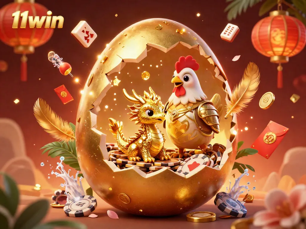 Engage in lively 11win gaming excitement with a golden baby dragon amid poker chips and festive elements.