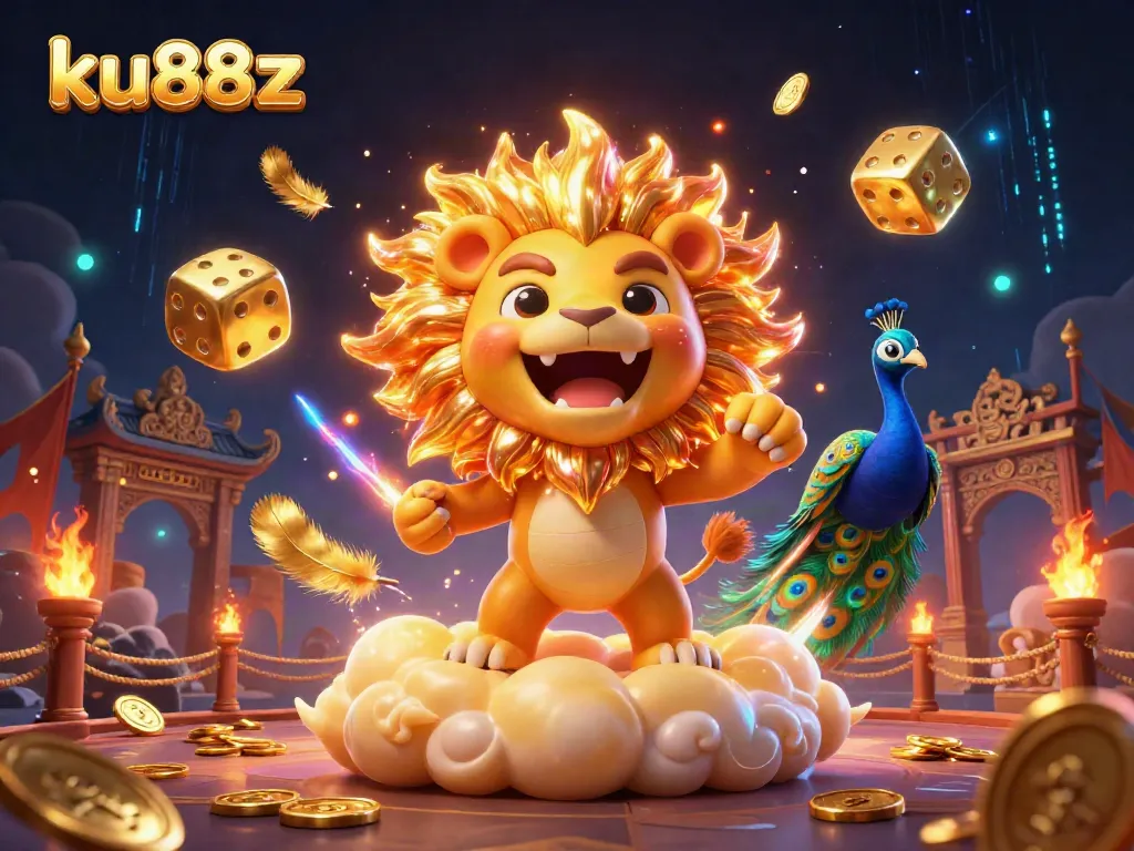 Engage with ku88z's vibrant casino world featuring a roaring sun lion, golden dice, and dynamic gaming elements.
