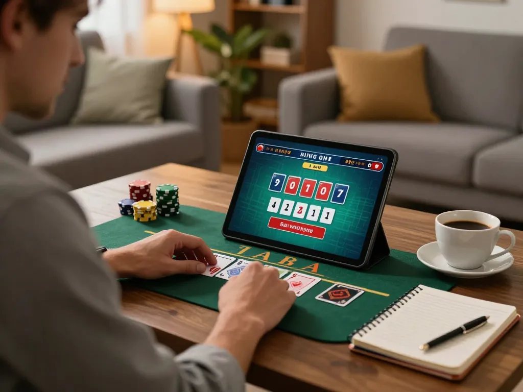 Player enjoying an online blackjack game at Jun88 in a cozy home setup, highlighting strategic gameplay.