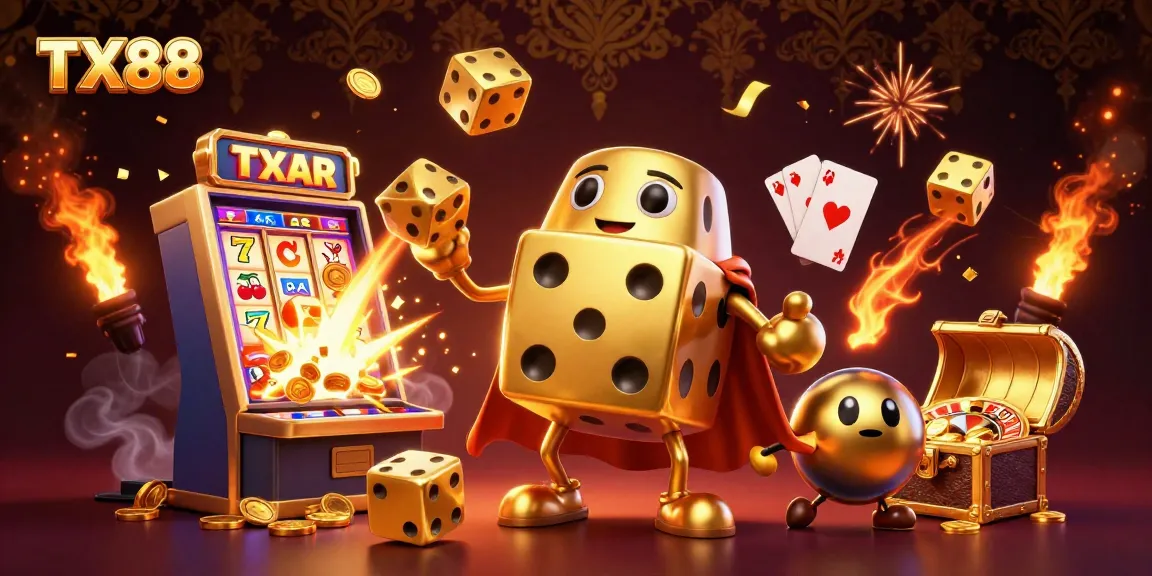 TX88 showcases a vibrant 3D casino scene with a massive golden dice golem juggling dice amidst a jackpot explosion.