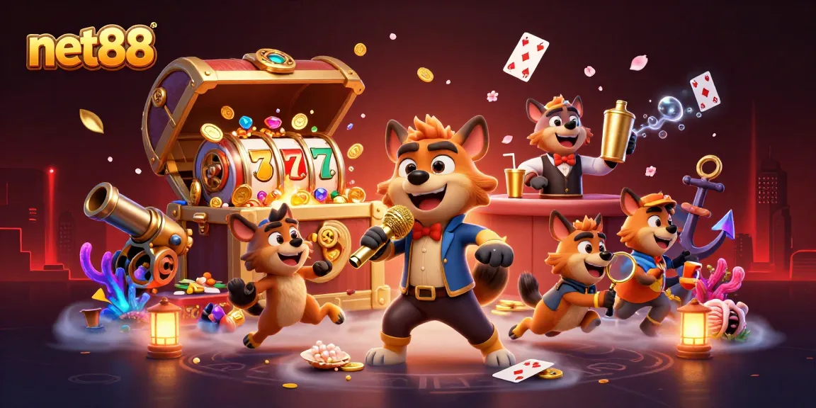 Experience the thrill at net88's comedy casino with animated hyenas in a vibrant digital illustration.